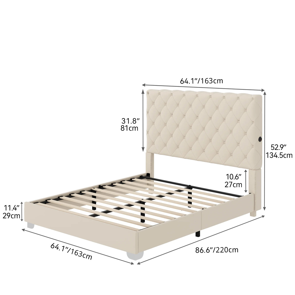 Beige Queen Size Upholstered Platform Bed Frame with Tufted Headboard Y698