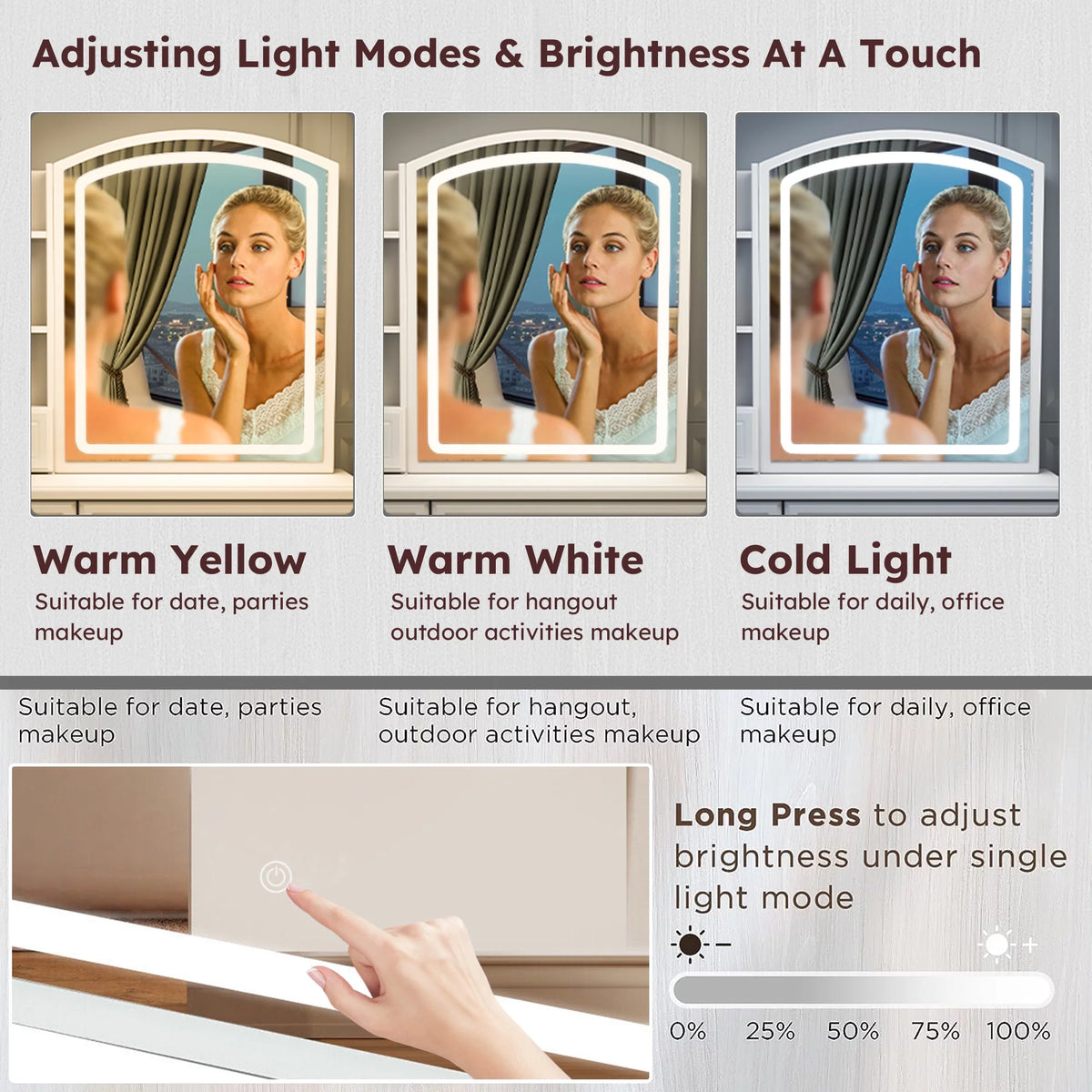 White Vanity Desk with Mirror and LED Lights J186324