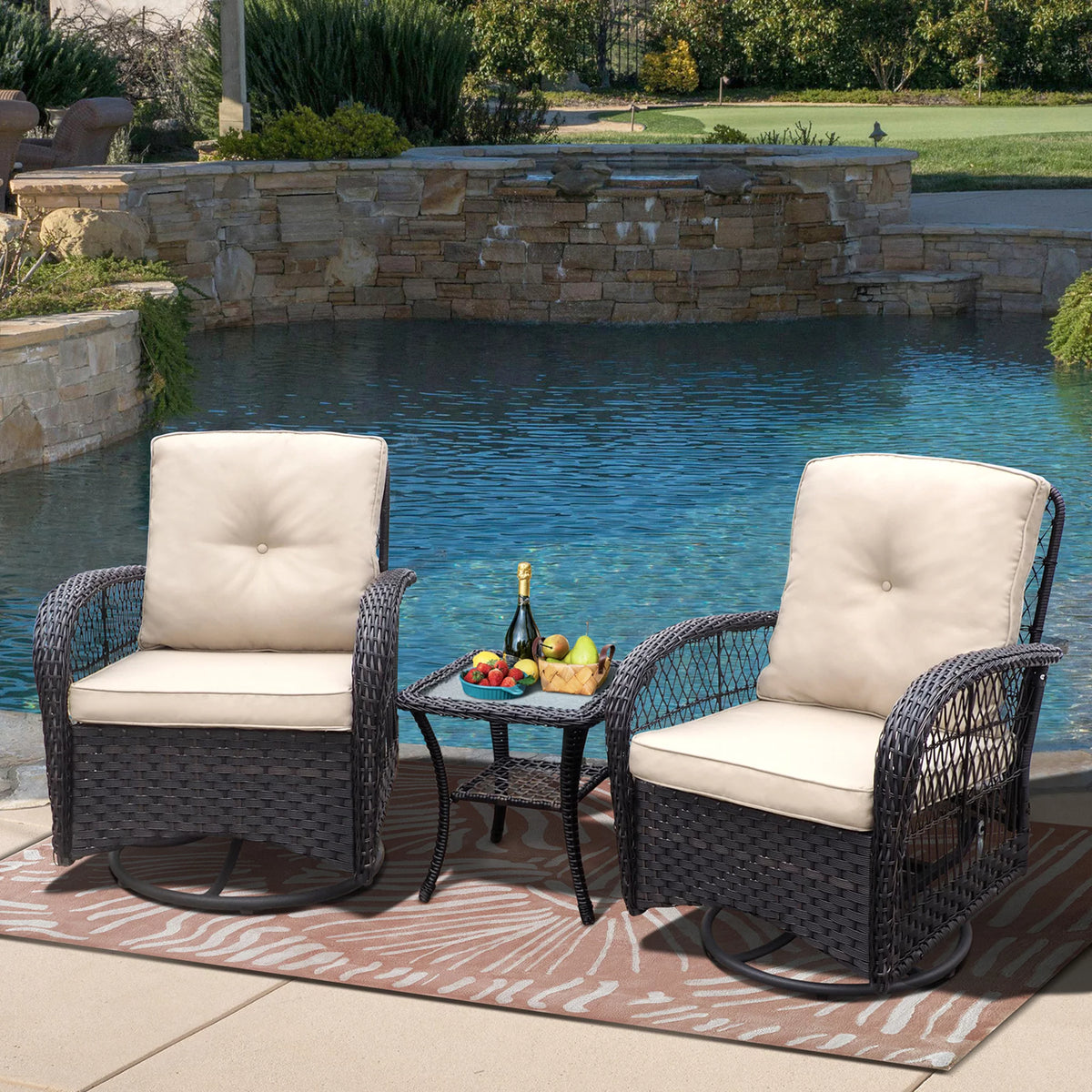Khaki Wicker Swivel Rocker Chairs with Table D171