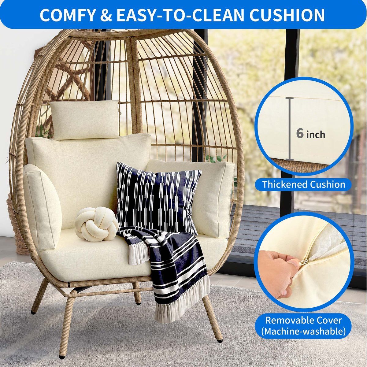 Oversized Wicker Egg Chair with Stand and Beige Cushions Y432
