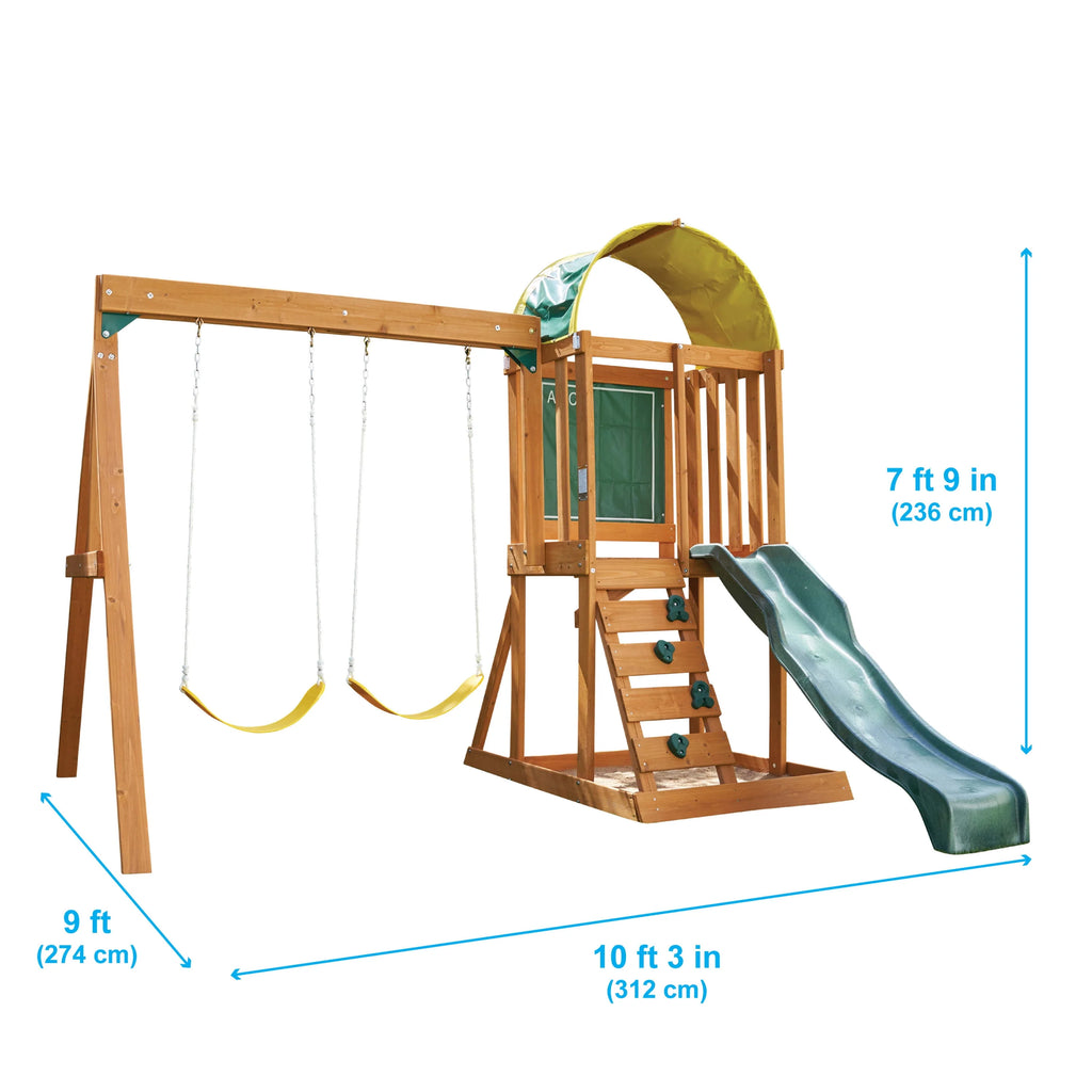 Wooden Outdoor Swing Set with Slide and Rock Wall K19195