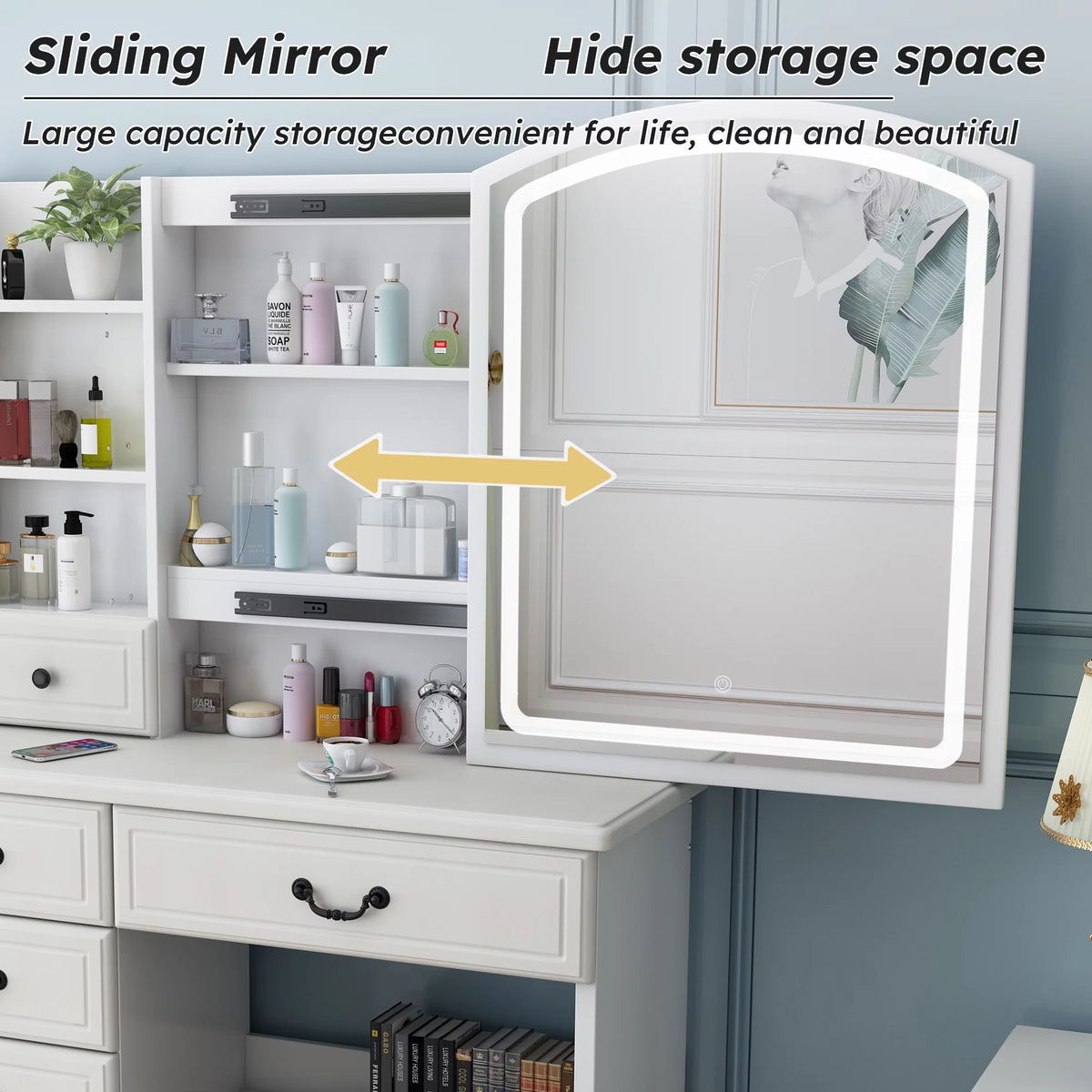 White Vanity Desk with Mirror and LED Lights J186324