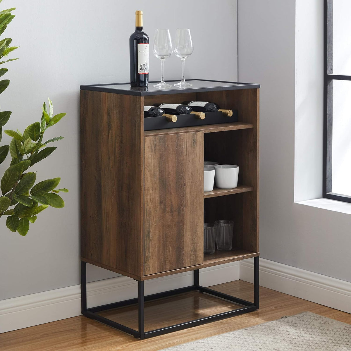 Rustic Oak Wood and Glass Bar Cabinet I3208