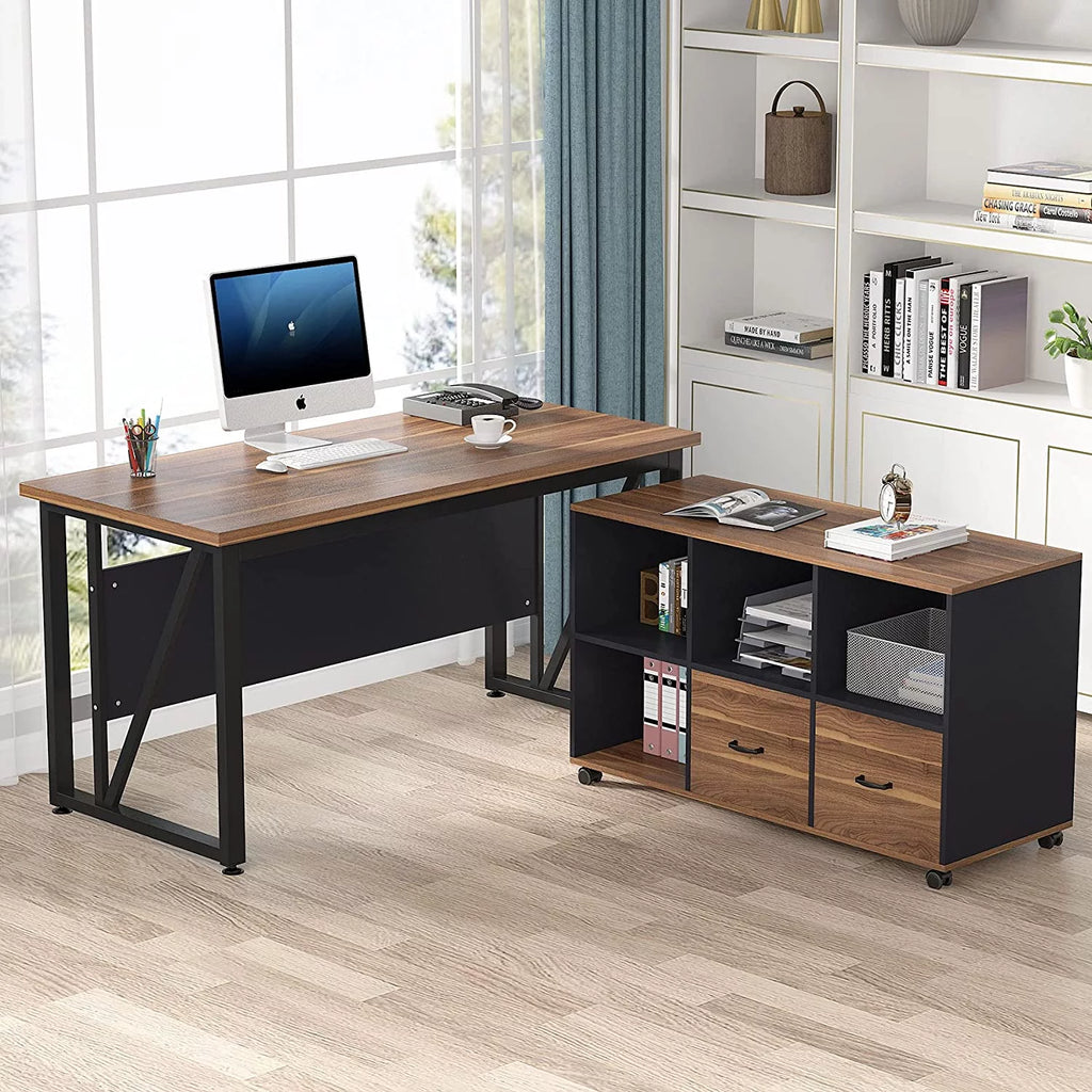 L-Shaped Computer Desk with File Cabinet and Storage Shelves F686