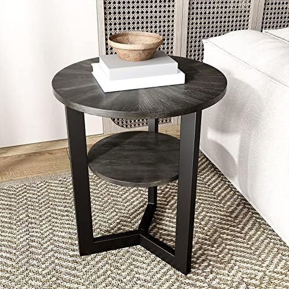 Round End Table Solid Wood 2-Tier Natural Wood Tabletop Black Metal Frame 19.3" D x 24" H A2177