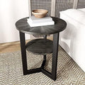 Round End Table Solid Wood 2-Tier Natural Wood Tabletop Black Metal Frame 19.3" D x 24" H A2177