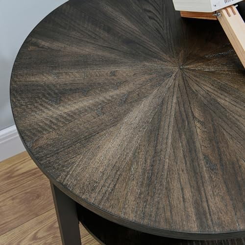 Round End Table Solid Wood 2-Tier Natural Wood Tabletop Black Metal Frame 19.3" D x 24" H A2177