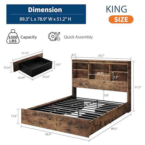Full Size Wood Bed Frame with 4 Storage Drawers, Bookcase Headboard, Charging Station, Vintage Brown F71161