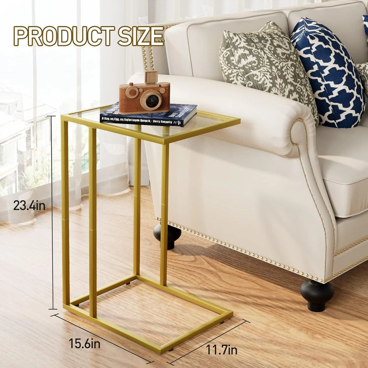 C Shaped Glass End Table with Metal Frame I58909