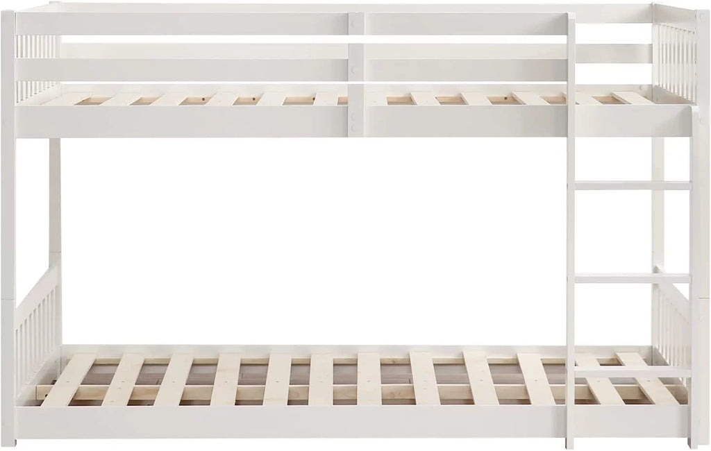 White Wood Twin Over Twin Bunk Bed with Guardrails & Ladder N873