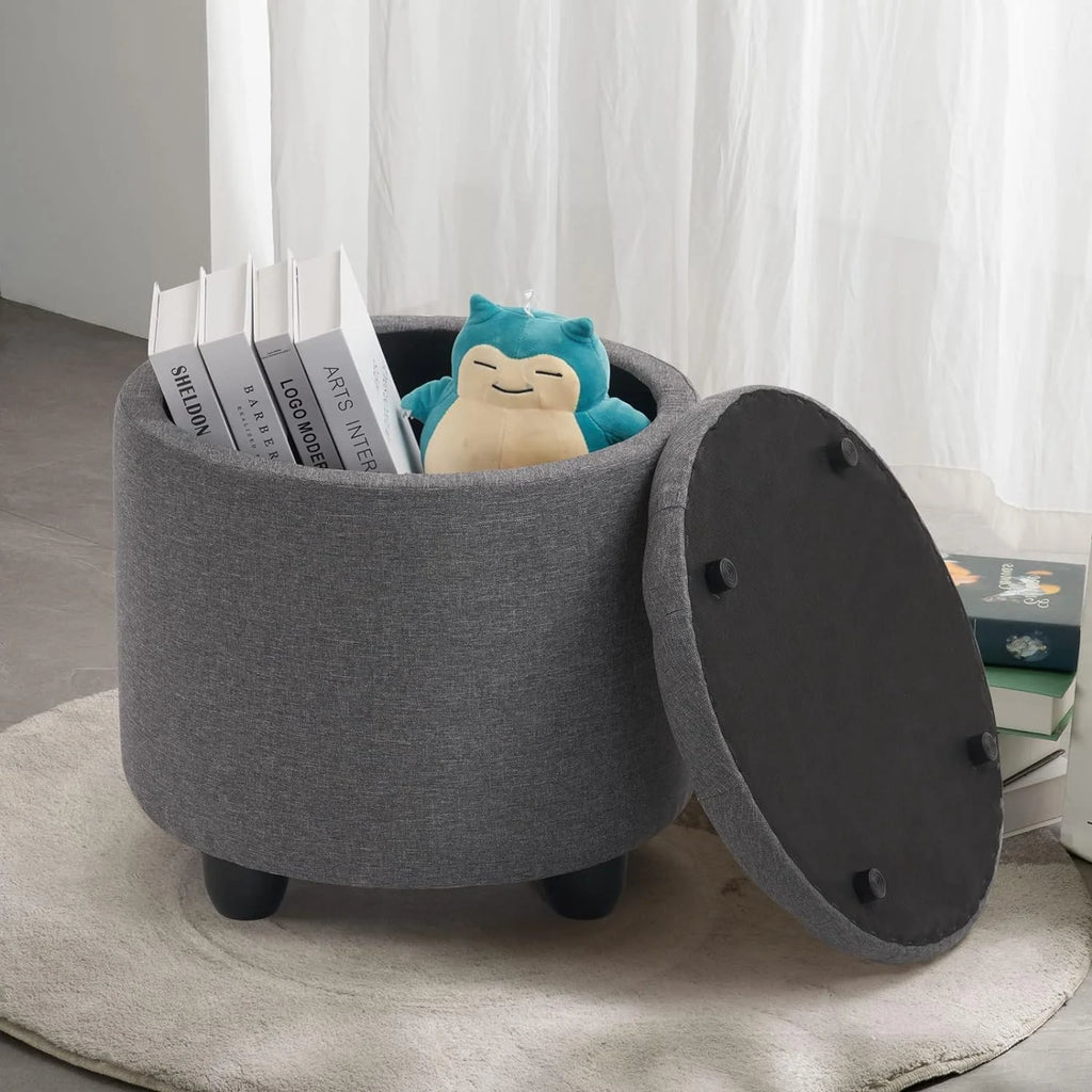 19" Round Storage Ottoman with Cover Lid Tufted PU Leather Fabric Ottoman N328