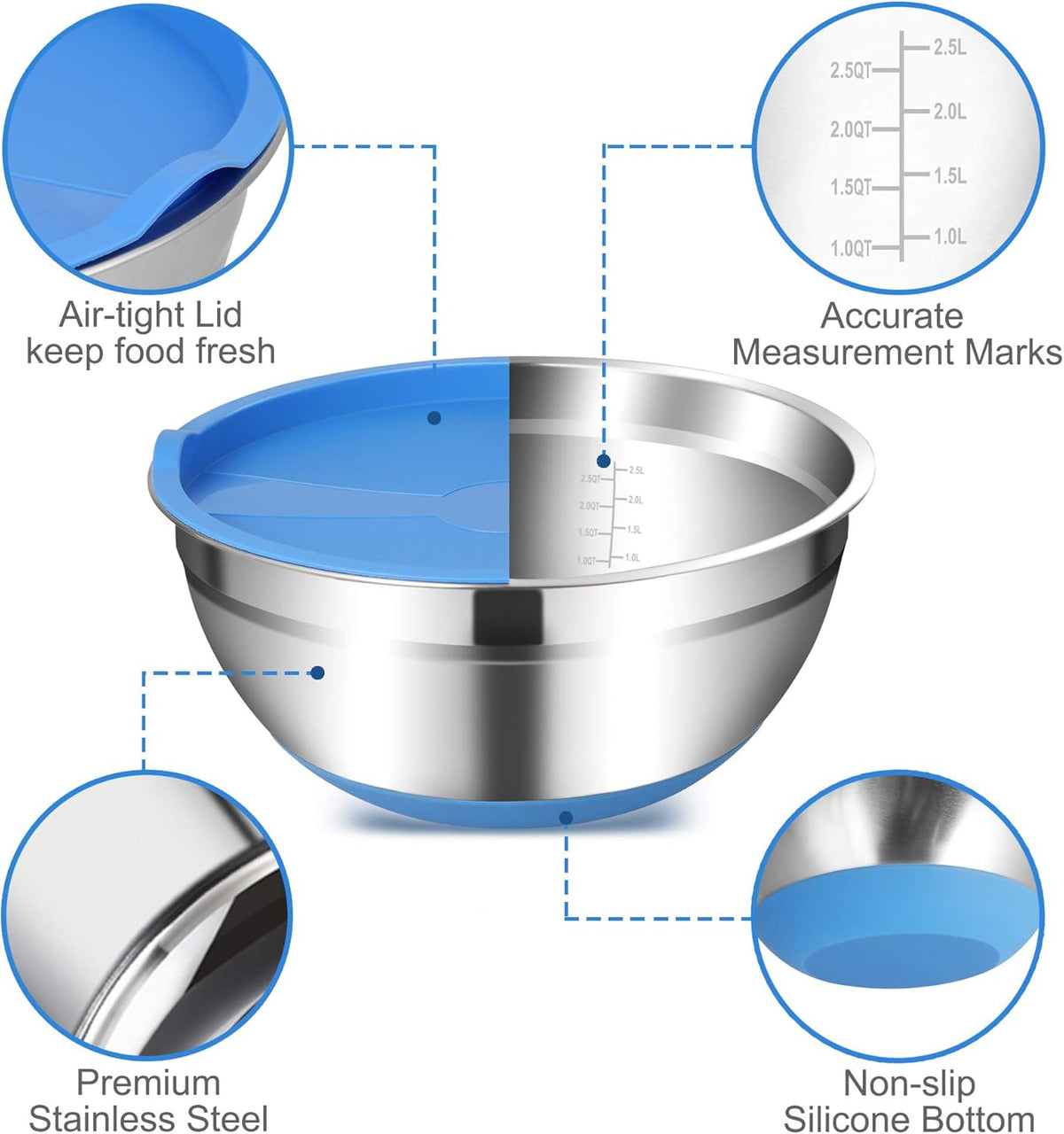 Set of 5 Stainless Steel Mixing Bowls with Airtight Lids Y5038