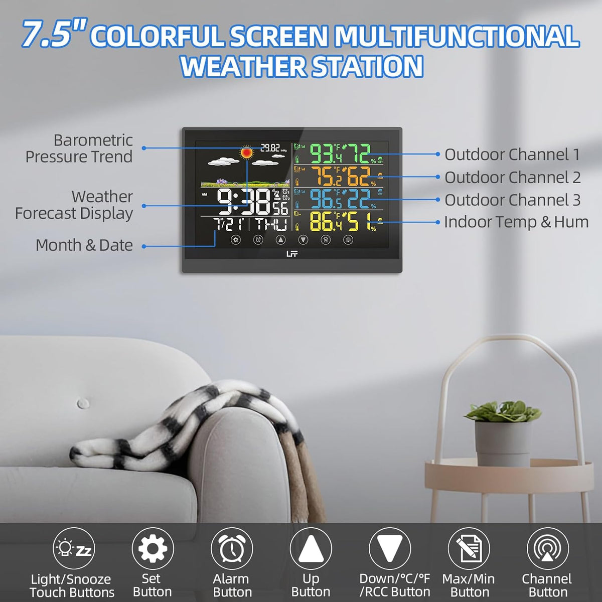 Color Display Digital Atomic Clock Indoor Outdoor Thermometer Wireless Forecast Station Q718