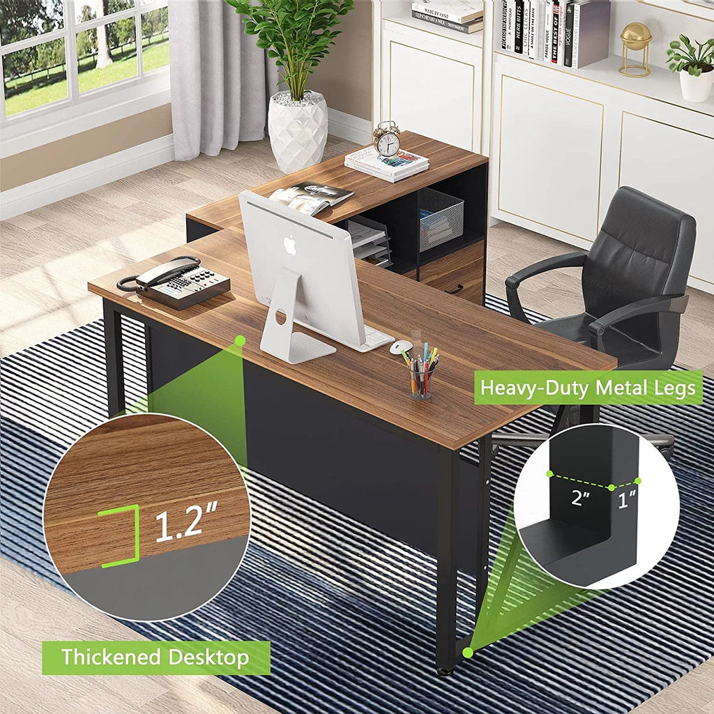L-Shaped Computer Desk with File Cabinet and Storage Shelves F686