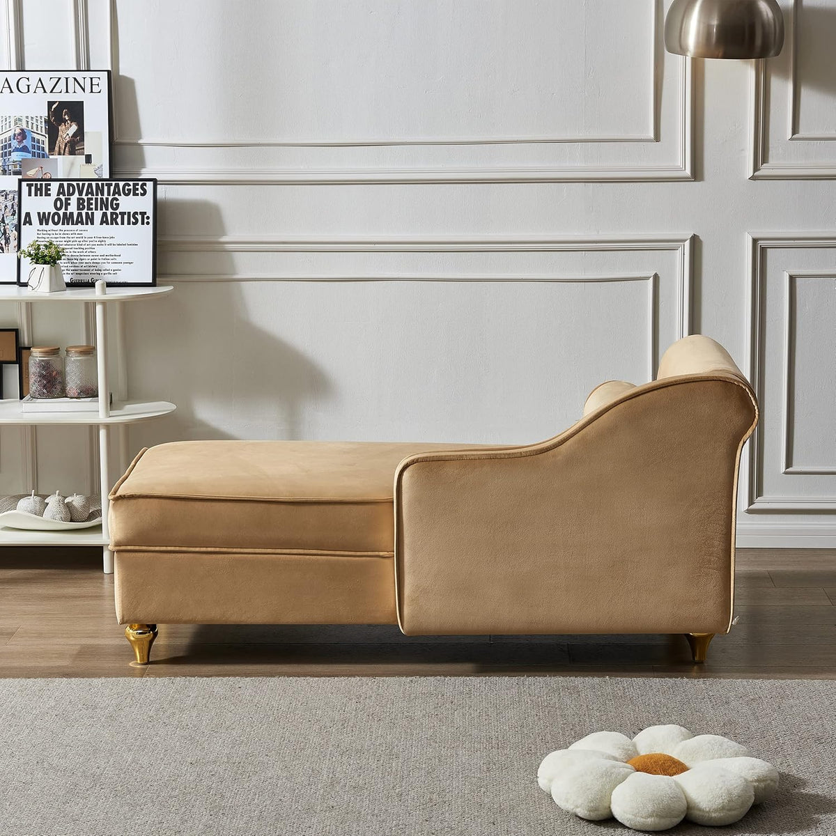 Khaki Velvet Upholstery Chaise Lounge Chair with Storage V77467