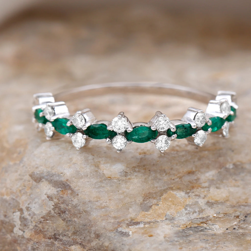 Marquise Emerald Ring with Diamond, 925 Sterling Silver H70733