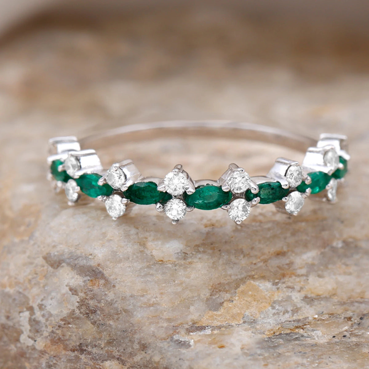Marquise Emerald Ring with Diamond, 925 Sterling Silver H70733
