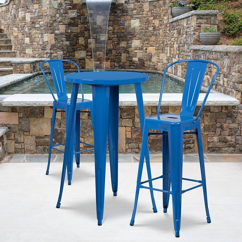24'' Round Blue Metal Indoor-Outdoor Bar Table Set with 2 Cafe Stools H553998