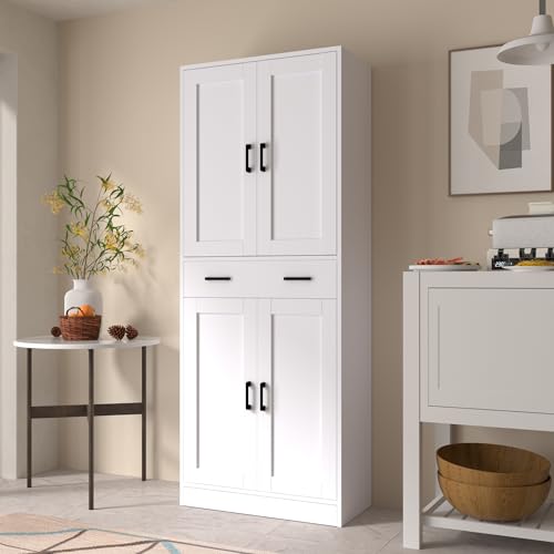 White 71" Tall Wooden Kitchen Storage Cabinet with Doors and Drawer Y182
