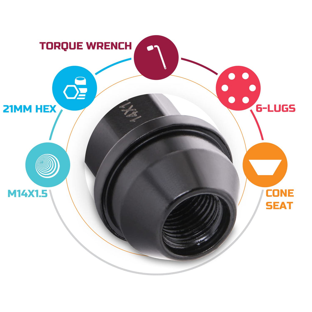 24pcs Black Cone Seat Lug Nuts M14x1.5 Y37026