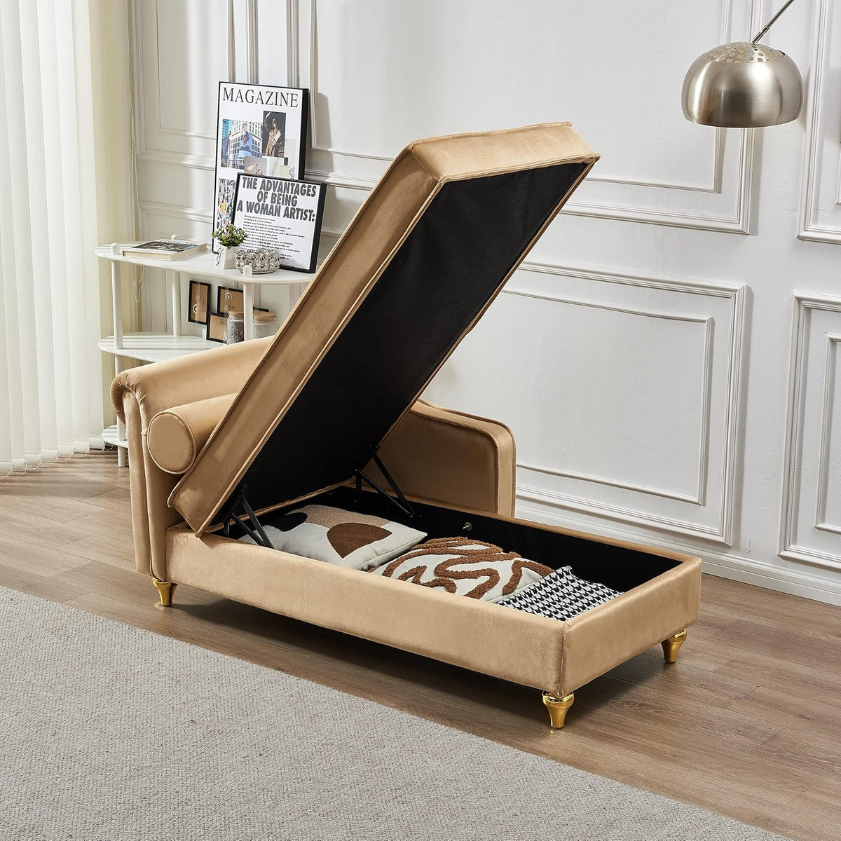 Khaki Velvet Upholstery Chaise Lounge Chair with Storage V77467