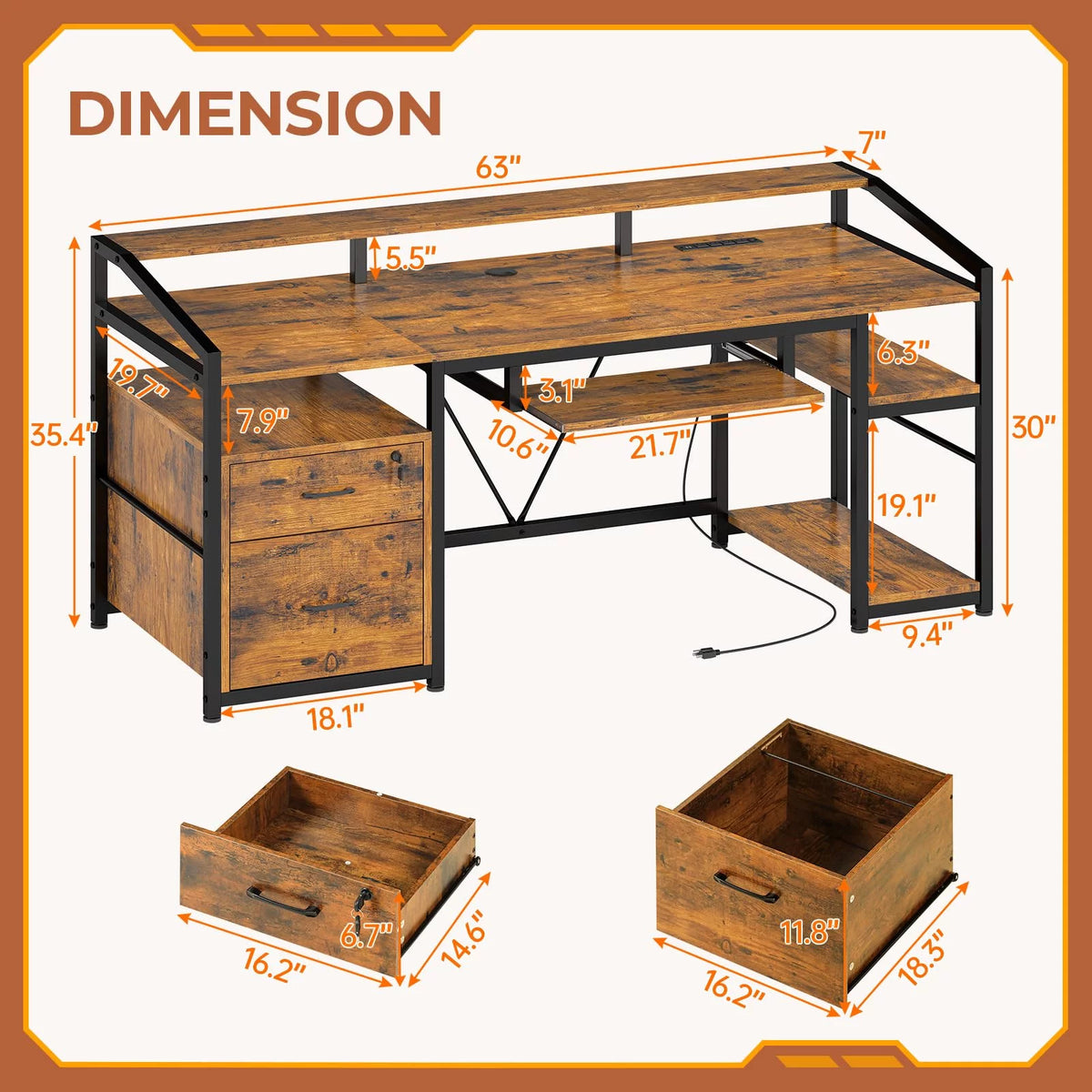 Computer Desk with LED Light and USB Charging Ports F886828