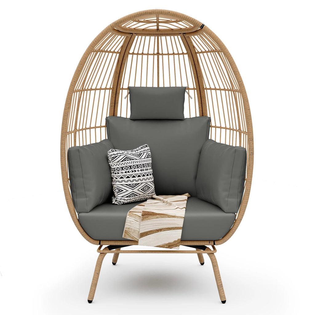 Oversized Wicker Egg Chair with Stand and Beige Cushions Y432