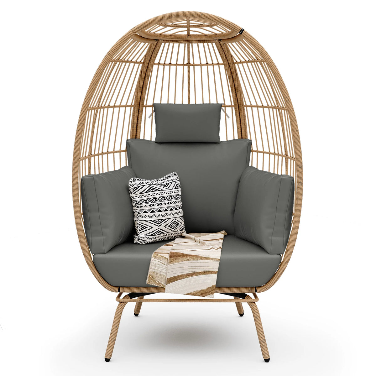 Oversized Wicker Egg Chair with Stand and Beige Cushions Y432
