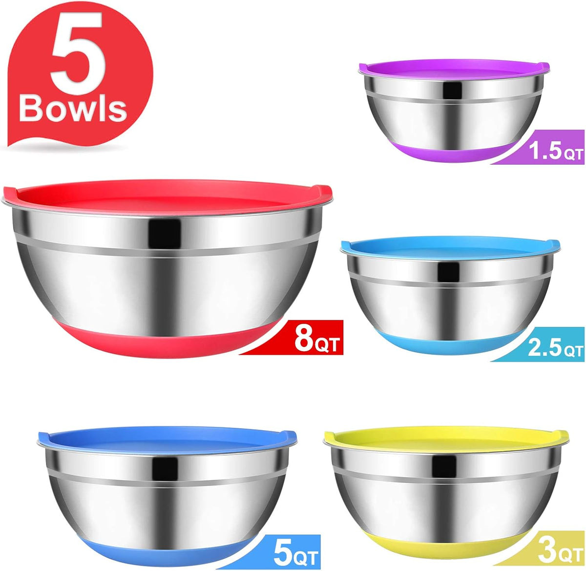 Set of 5 Stainless Steel Mixing Bowls with Airtight Lids Y5038