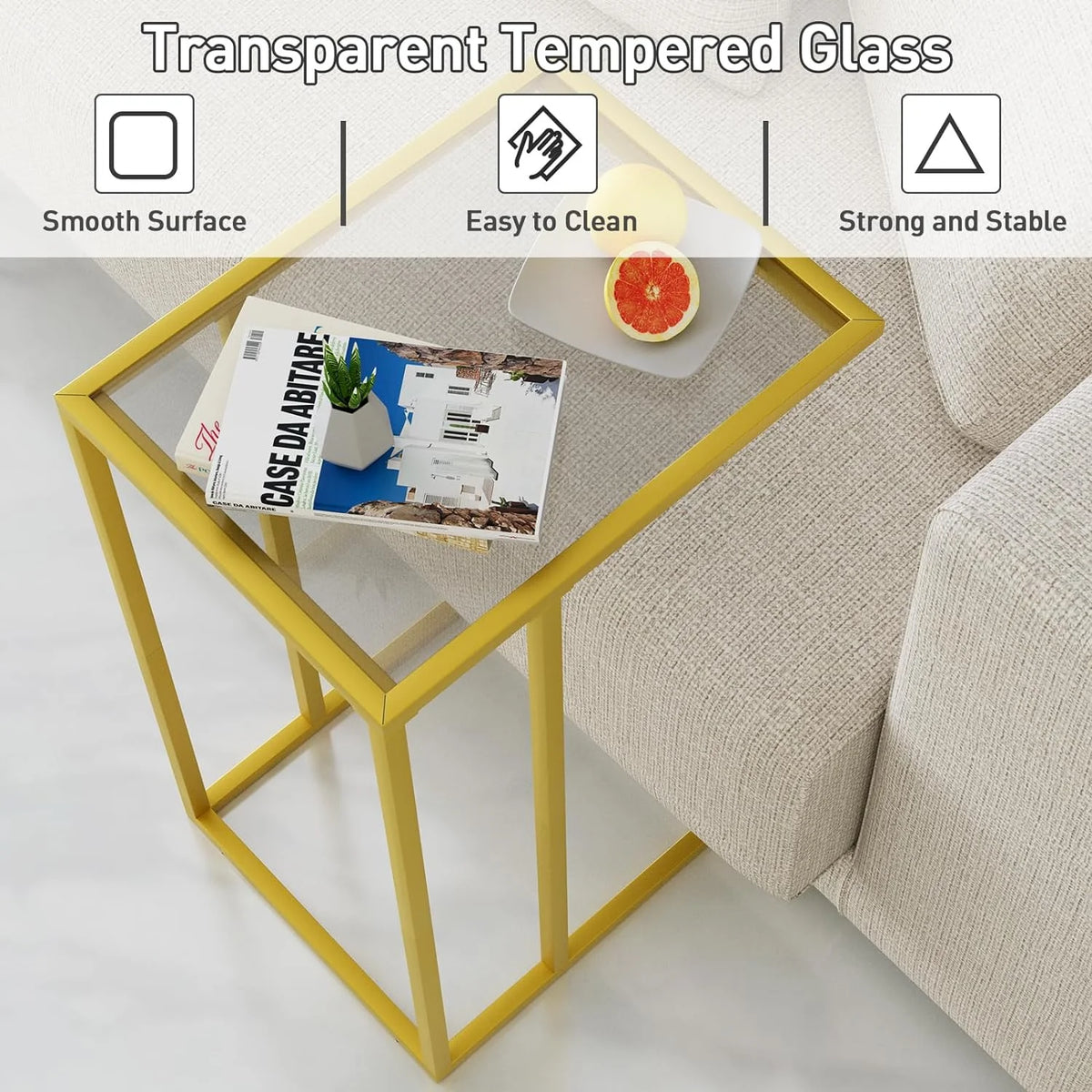 C Shaped Glass End Table with Metal Frame I58909