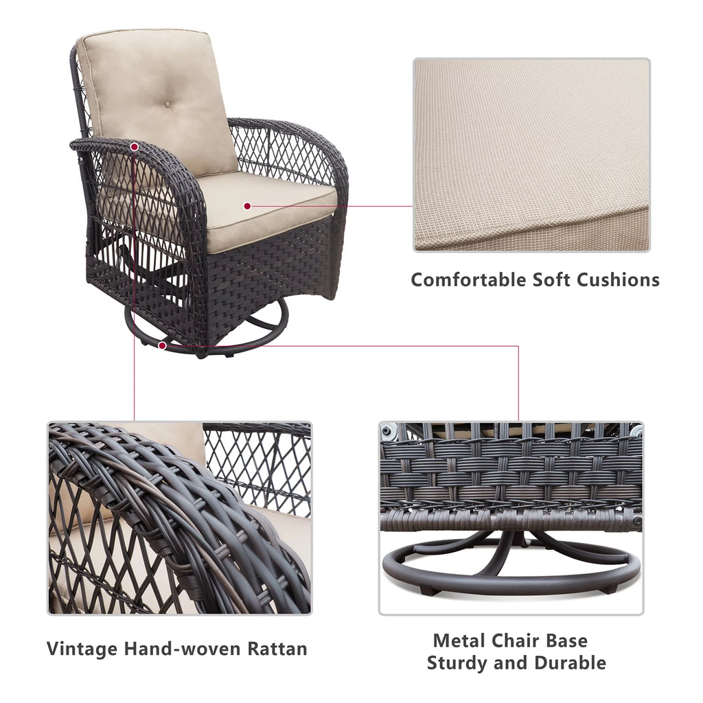 Khaki Wicker Swivel Rocker Chairs with Table D171