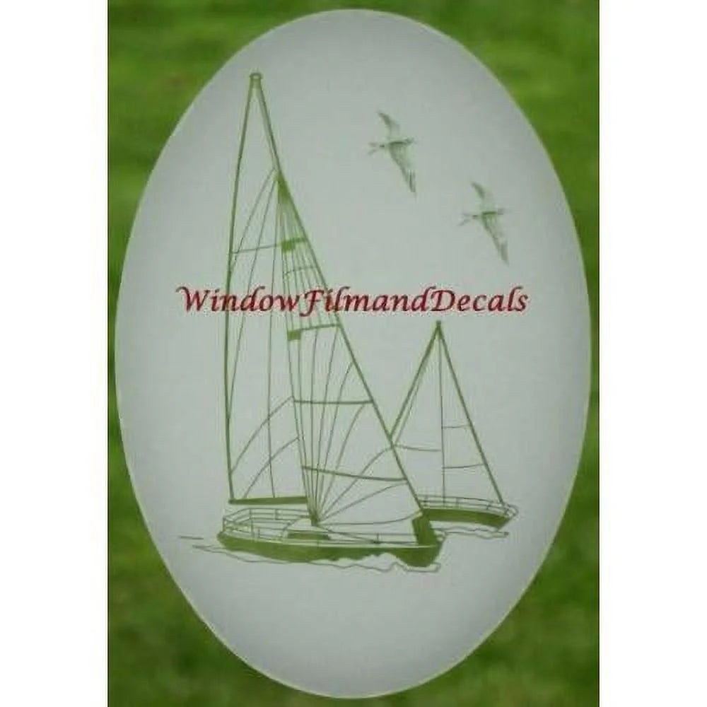 Sailboat Oval Etched Window Decal Vinyl Glass Cling 8" X 12" White Clear P923702