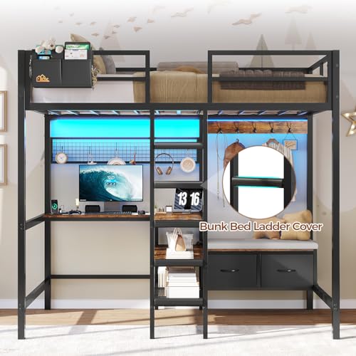 Twin Size Black Metal Loft Bed with Desk and Storage Q421