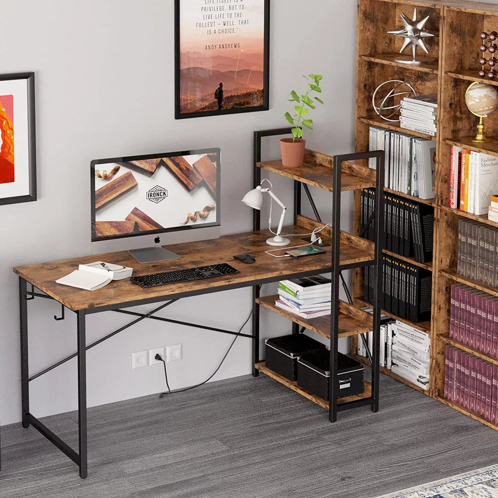 55" Computer Desk with Power Outlet and Storage Shelves X118
