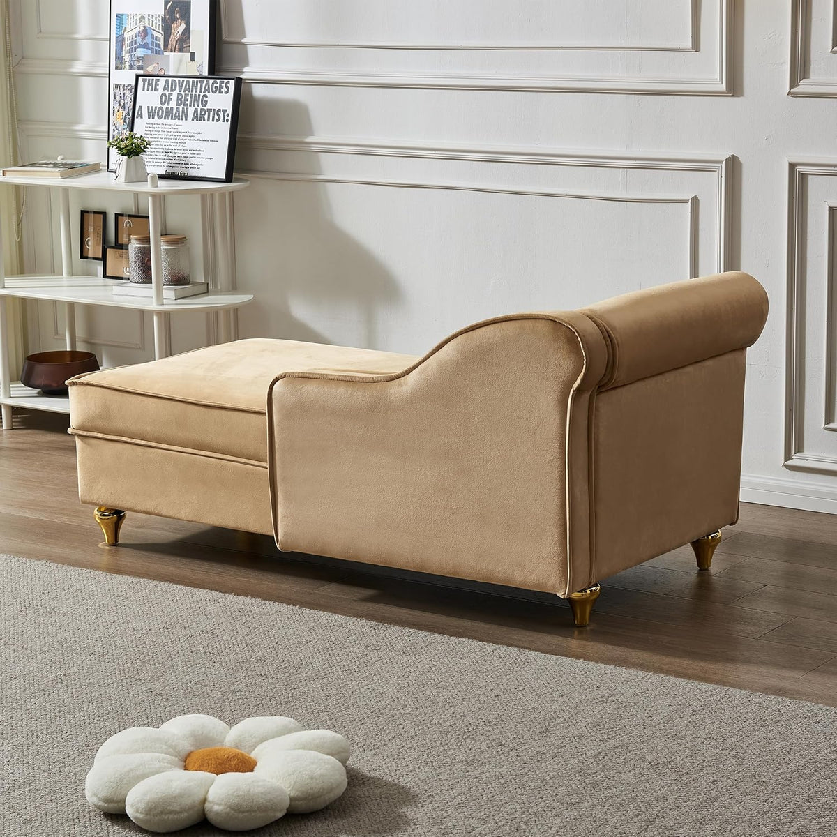 Khaki Velvet Upholstery Chaise Lounge Chair with Storage V77467