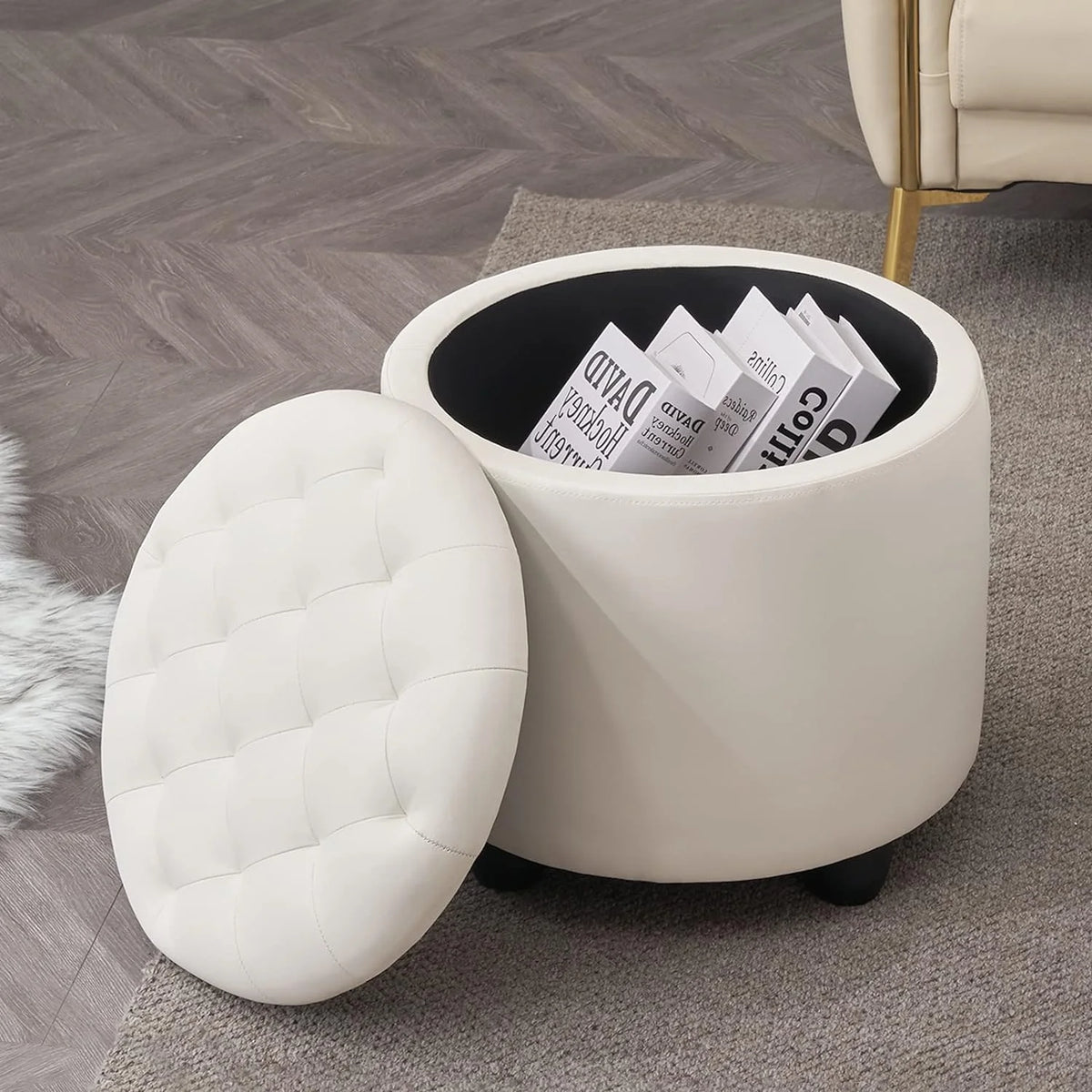 19" Round Storage Ottoman with Cover Lid Tufted PU Leather Fabric Ottoman N328