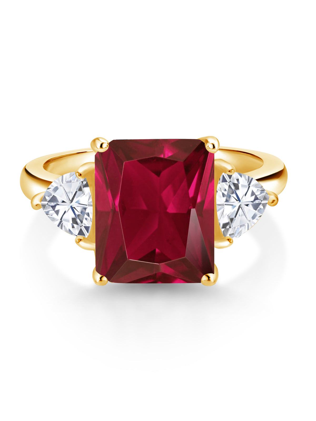 18K Yellow Gold Plated Silver Red Created Ruby White Moissanite 3 Stone Ring S104