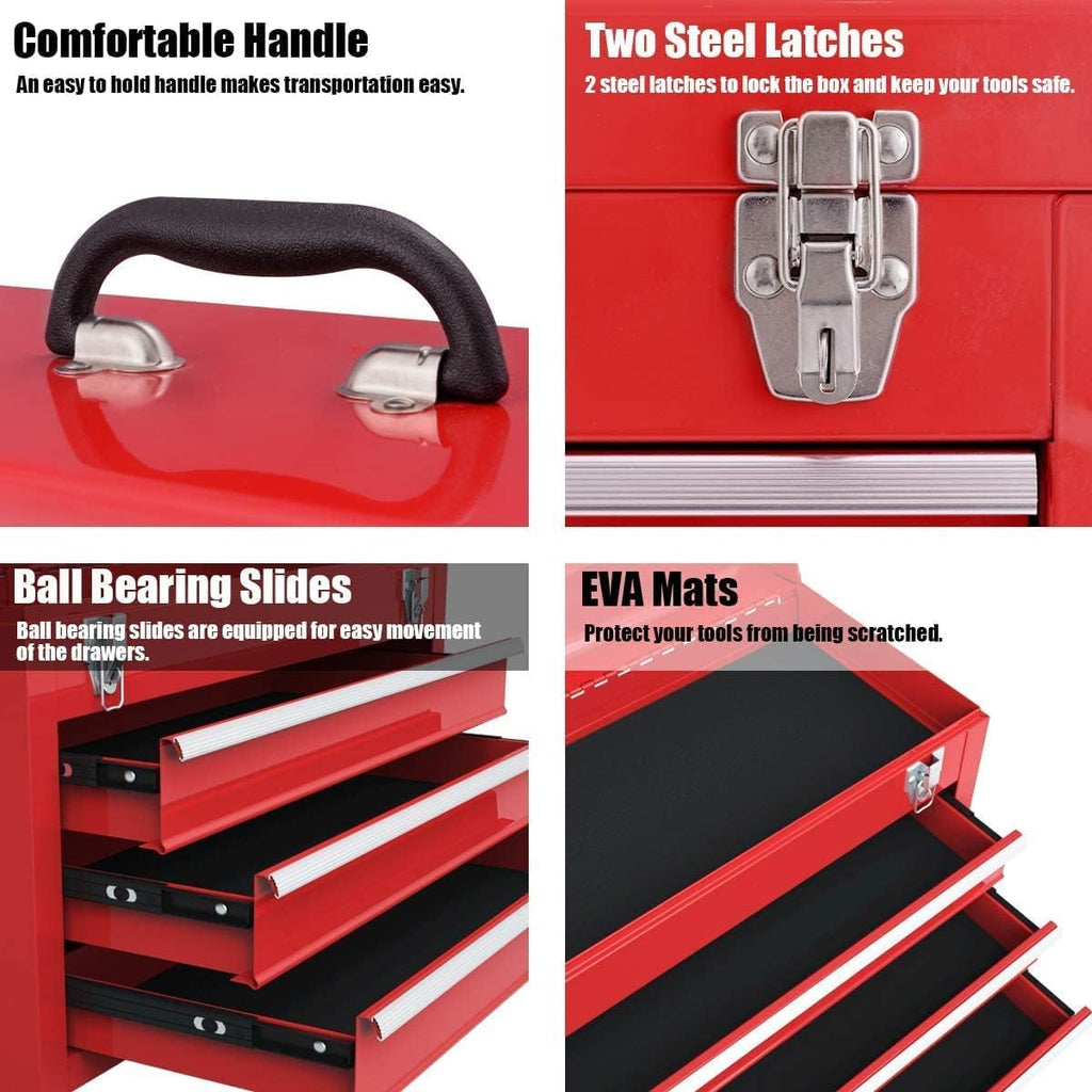 Red 3 Drawer Lockable Steel Tool Chest Cabinet with Top Tray S593250