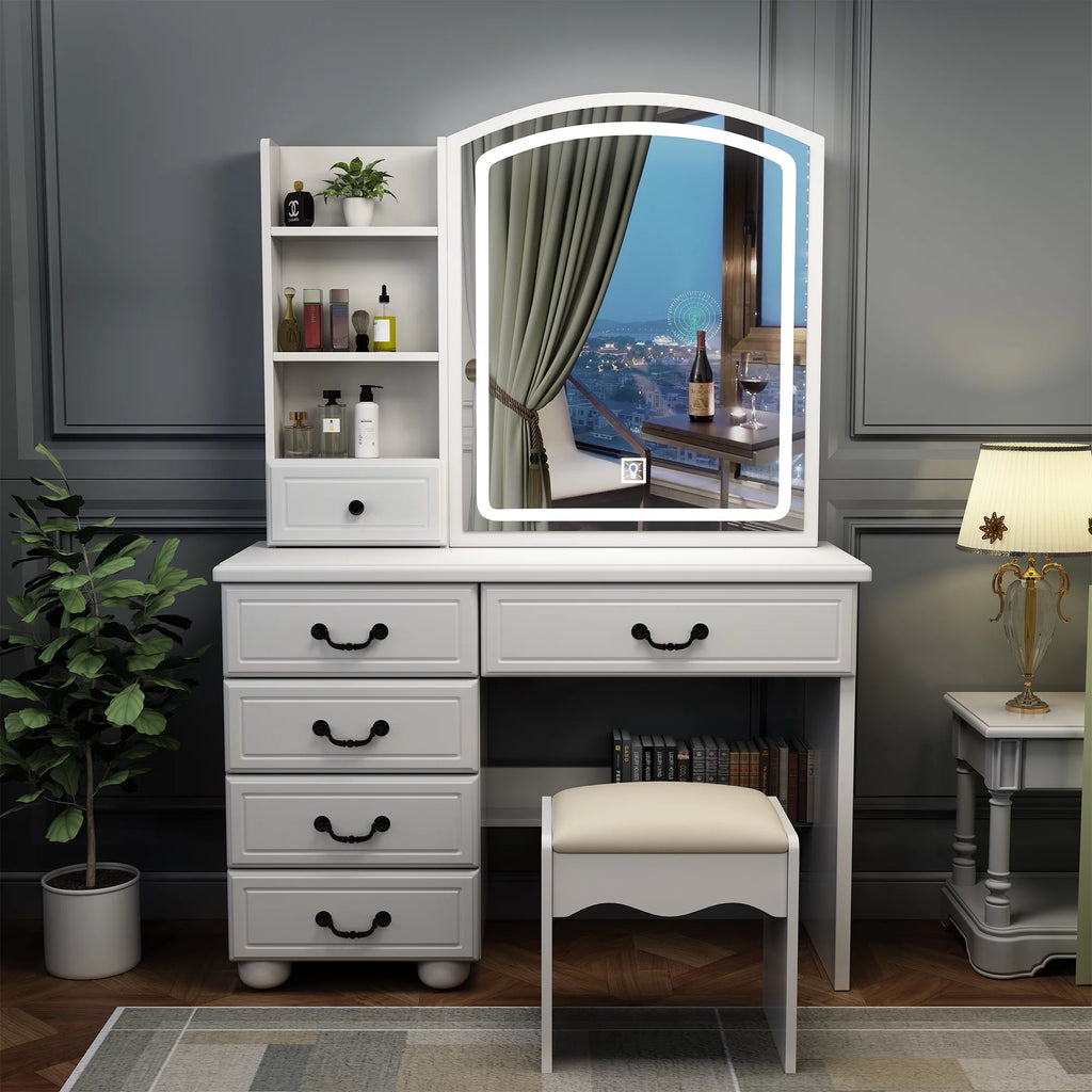 White Vanity Desk with Mirror and LED Lights J186324
