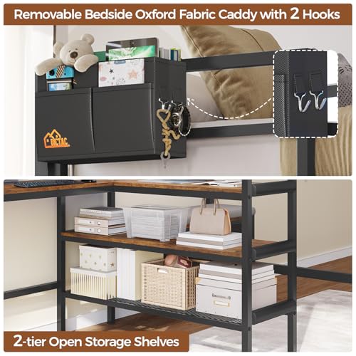 Twin Size Black Metal Loft Bed with Desk and Storage Q421