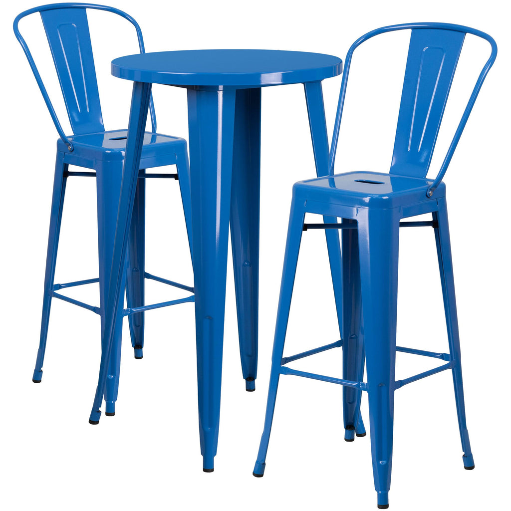 24'' Round Blue Metal Indoor-Outdoor Bar Table Set with 2 Cafe Stools H553998
