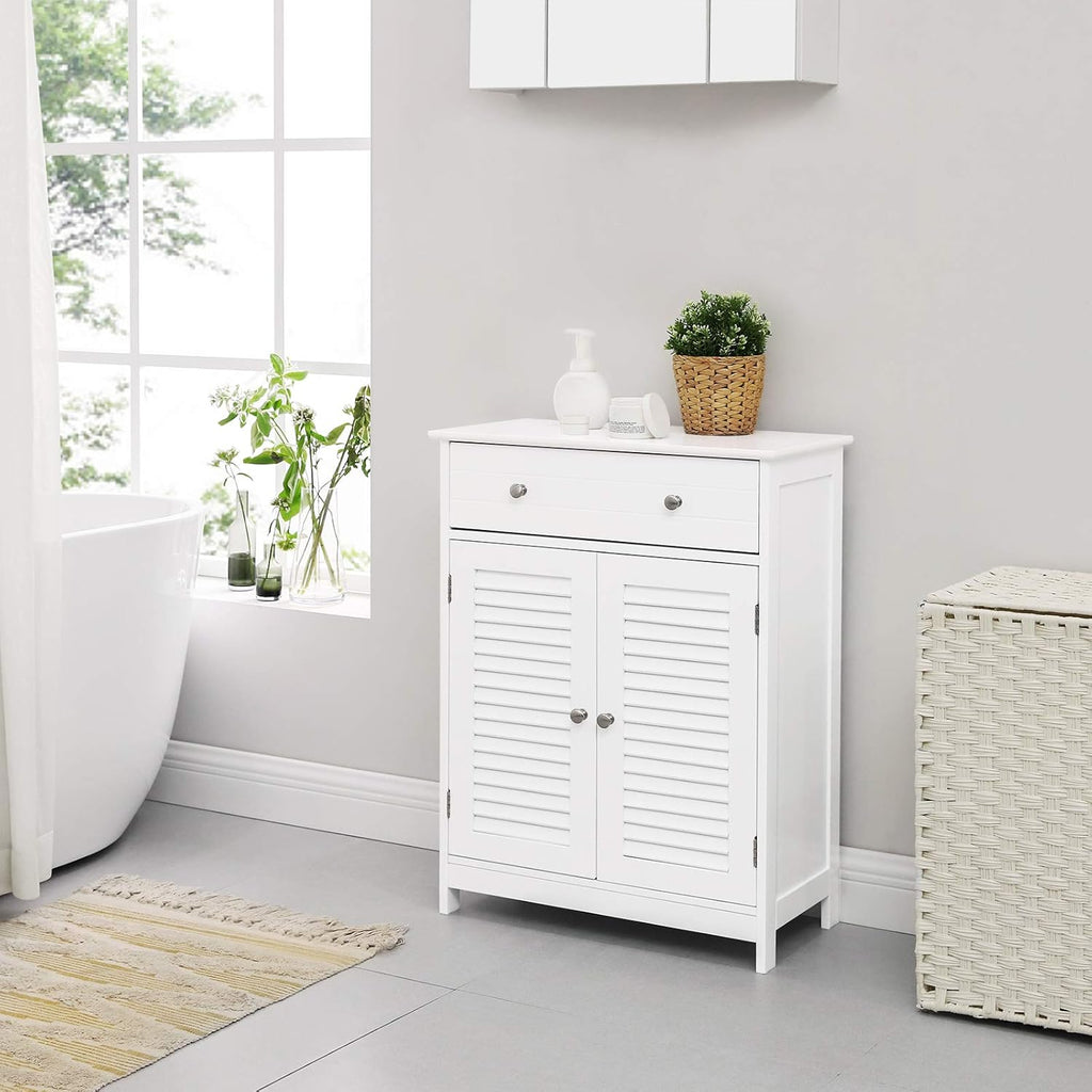 Matte White Free-Standing Bathroom Cabinet with 2 Louvered Doors and Drawer L4770