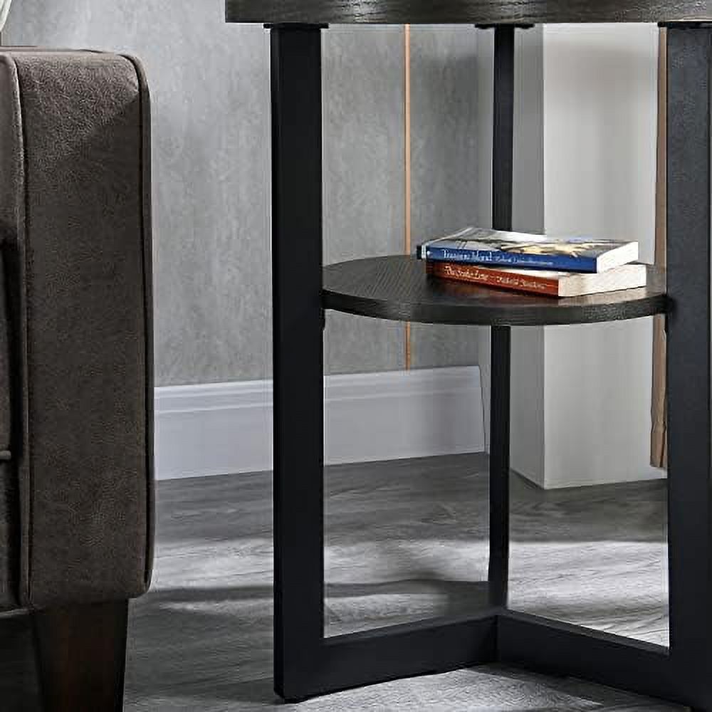 Round End Table Solid Wood 2-Tier Natural Wood Tabletop Black Metal Frame 19.3" D x 24" H A2177