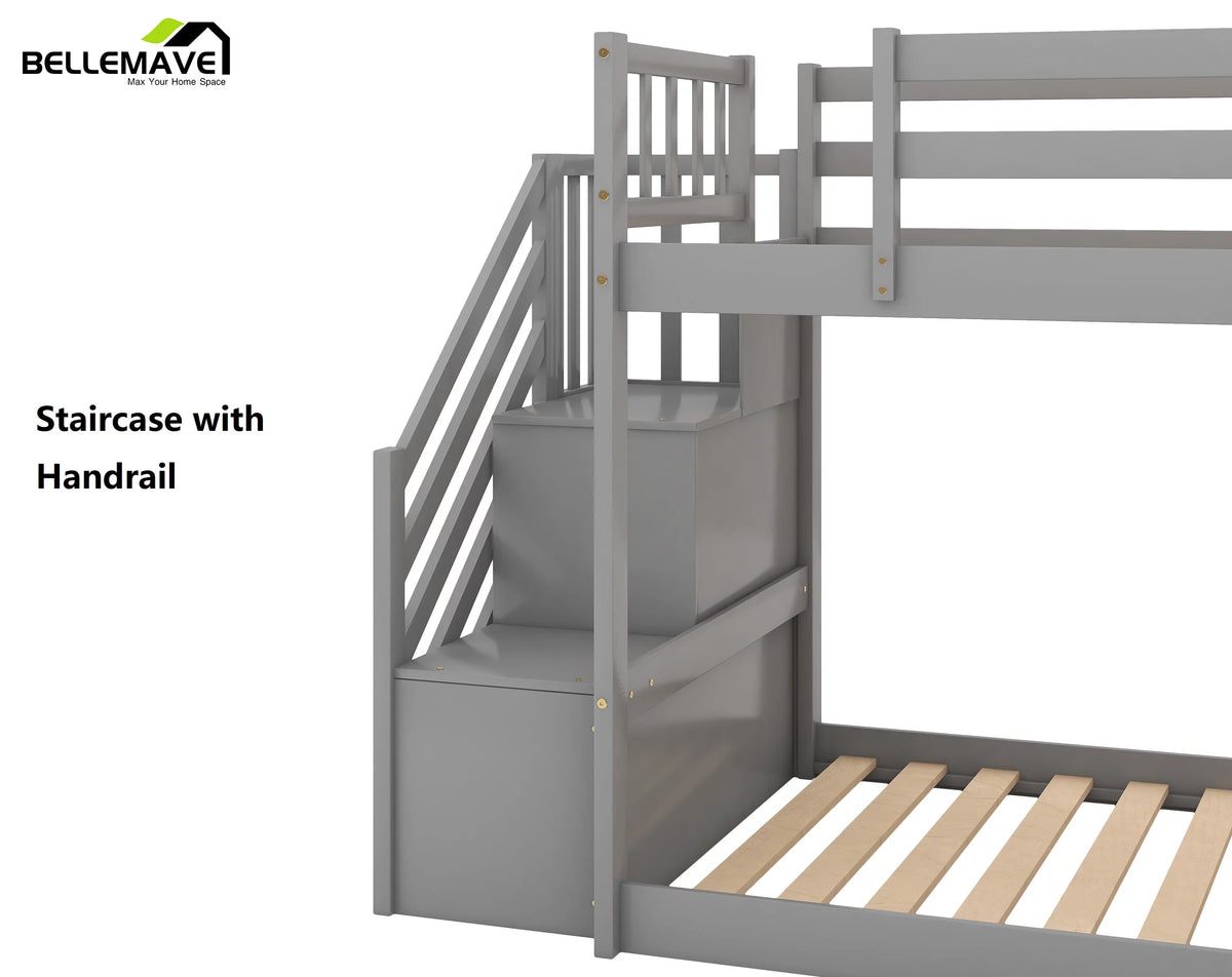 Gray Twin Over Twin Wooden Bunk Bed with Slide and Stairs L5432