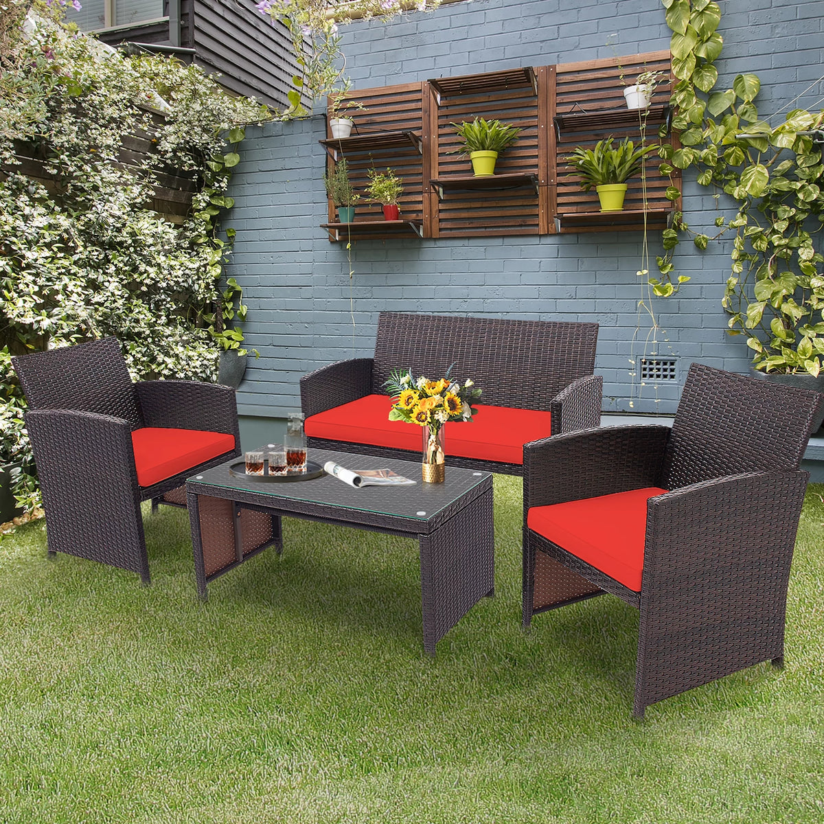 4 Pc White Patio Rattan Furniture Set Y983