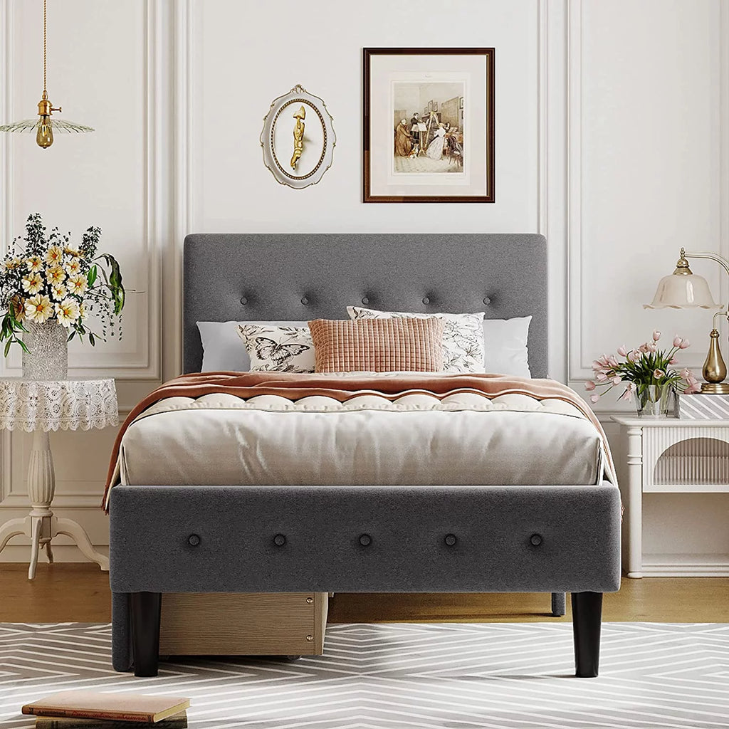 Beige Twin Size Upholstered Bed Frame with Headboard and Storage Underneath C756