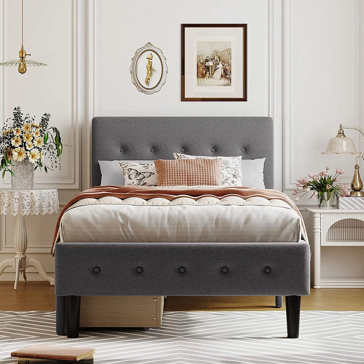 Beige Twin Size Upholstered Bed Frame with Headboard and Storage Underneath C756