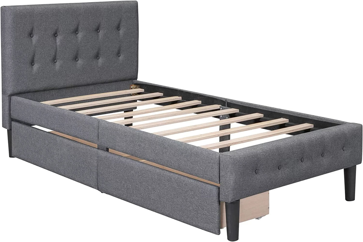 Beige Twin Size Upholstered Bed Frame with Headboard and Storage Underneath C756