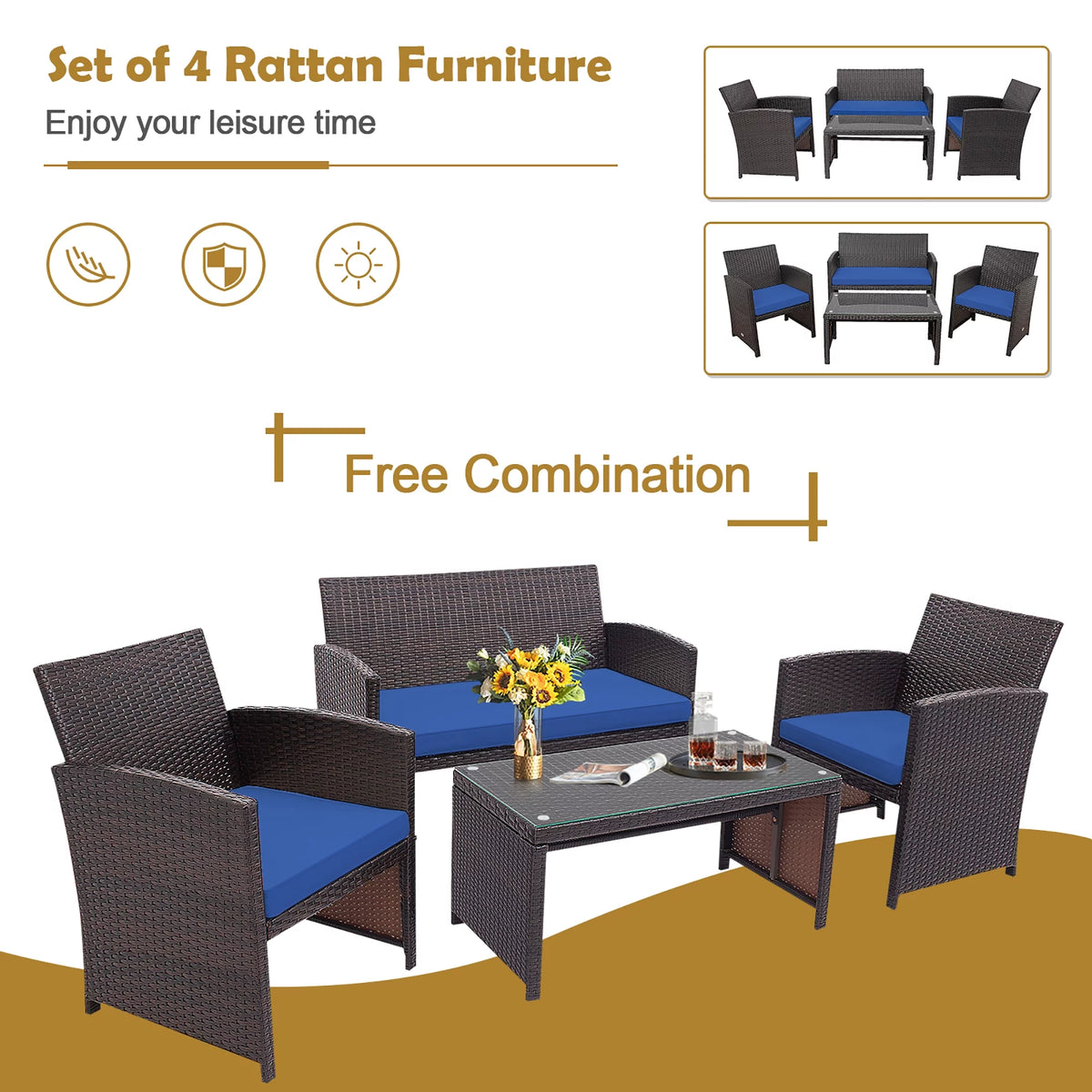 4 Pc White Patio Rattan Furniture Set Y983