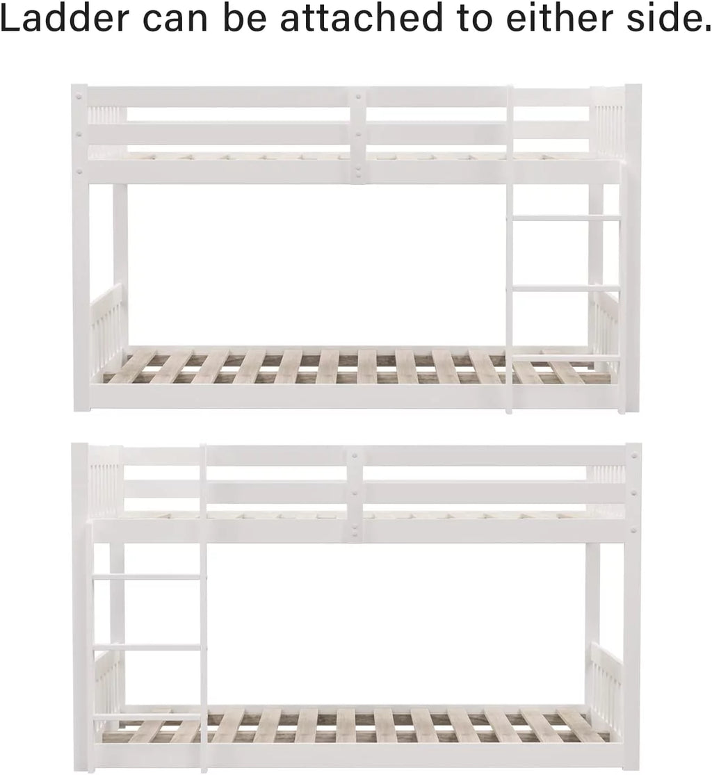 White Wood Twin Over Twin Bunk Bed with Guardrails & Ladder N873